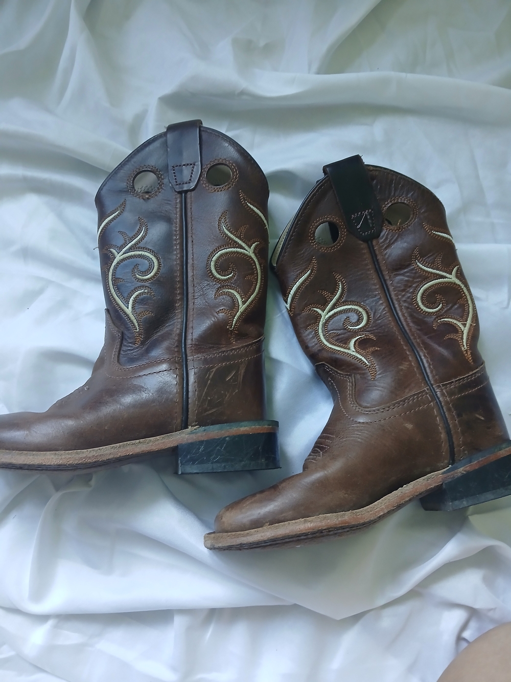 Old West Boys Brown Leather Square Toe Western Boots size 11-D Kids